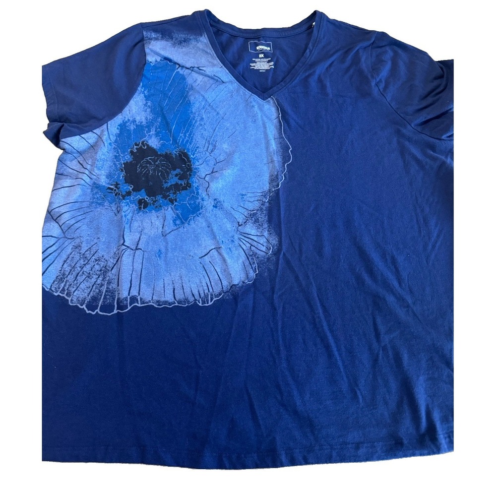 Sonoma Goods for Life 2X Navy V-Neck Tee Large Blue Flower Graphic Plus Size